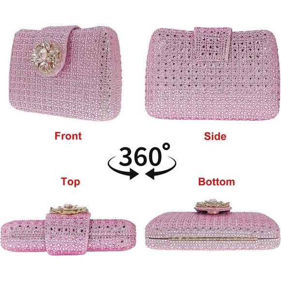 Women's Pink Sparkly Rhinestone Unique Evening Floral Clutch Shoulder Handbag - Picture 2 of 6